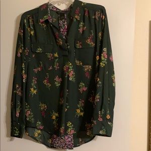 Forest green blouse with purple flowers